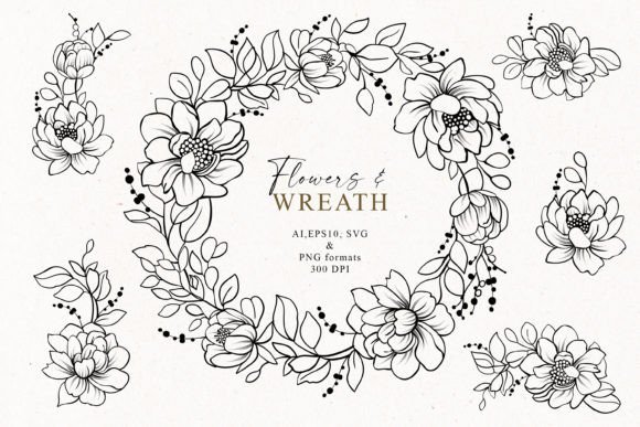 Download Hand Drawn Line Art Flowers and Wreath - Drawn Collection